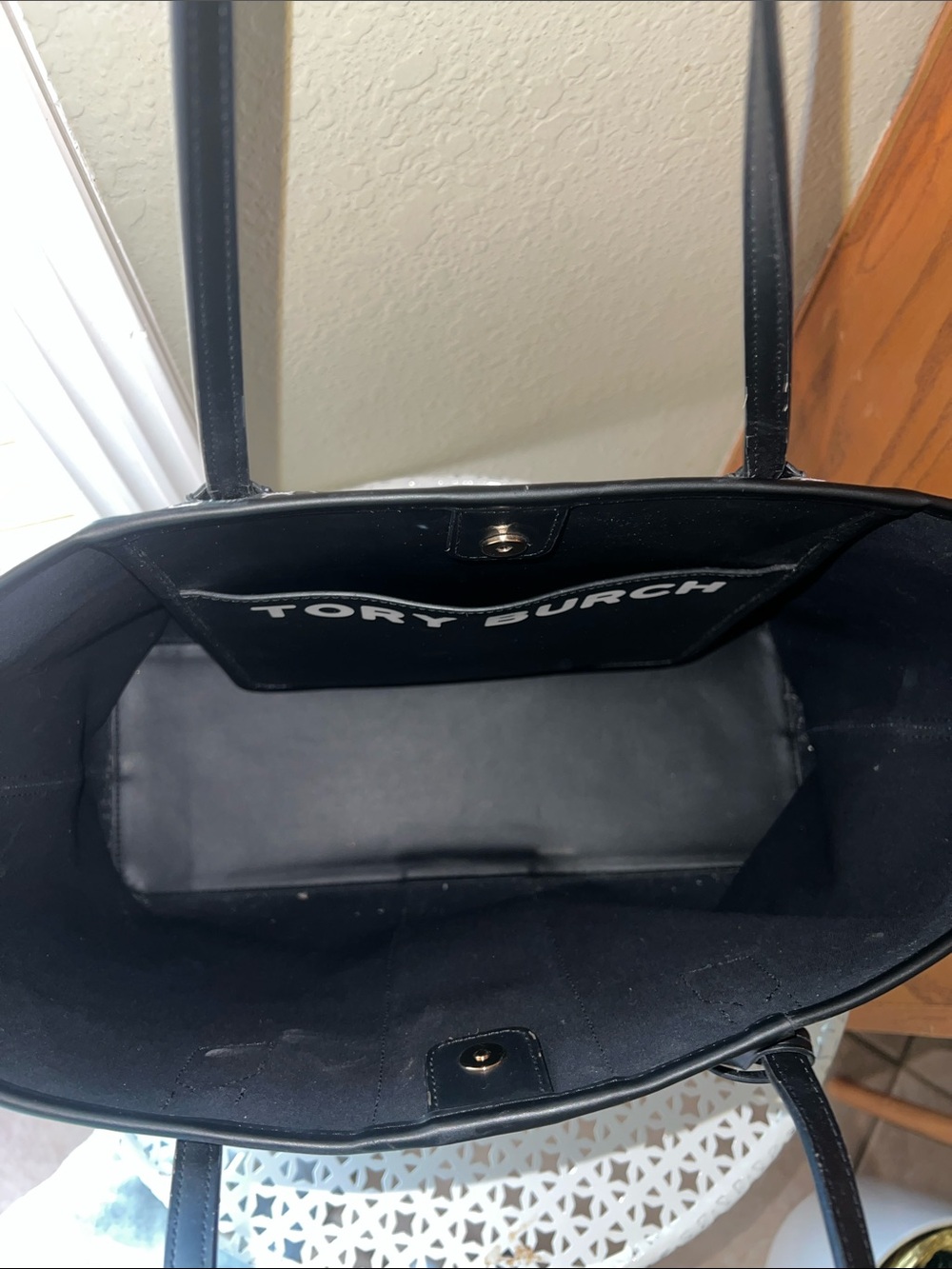 Tory Burch Black and White Logo Stripe Tote with Center Accent - Picture 3 of 7